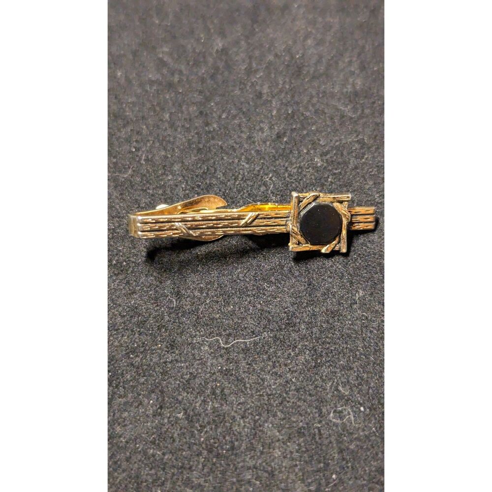 Swank Vintage Gold Tone Tie Clip Bar Black Stone Mid Century Tie Bar